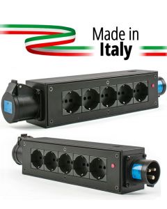 POWER-BOX NERO CIABATTA ALIMENTAZIONE PALCO MADE IN ITALY SPIA RETE INGRESSO SPINA 16A 3P 5-USCITE SHUKO E PRESA LOOP OUT 16A